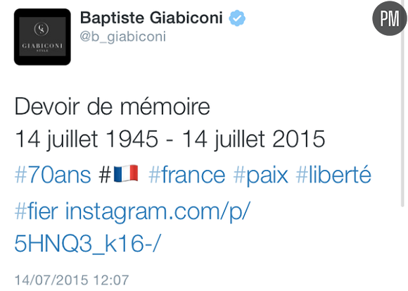 Le tweet de Baptiste Giabiconi (Capture)