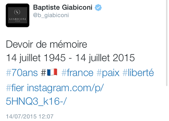 Le tweet de Baptiste Giabiconi (Capture)