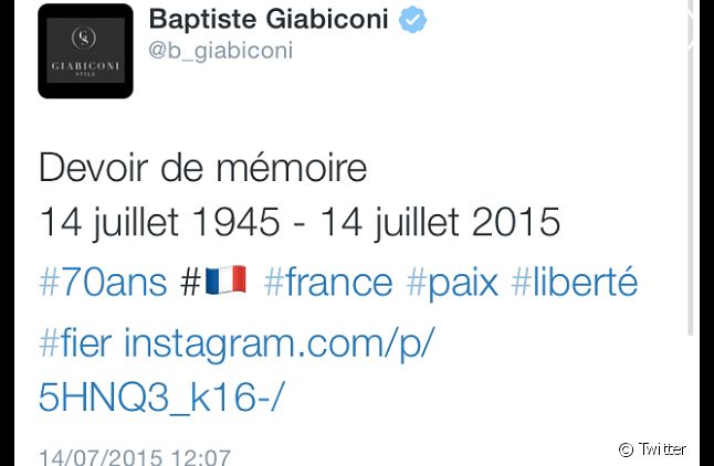 Le tweet de Baptiste Giabiconi (Capture)