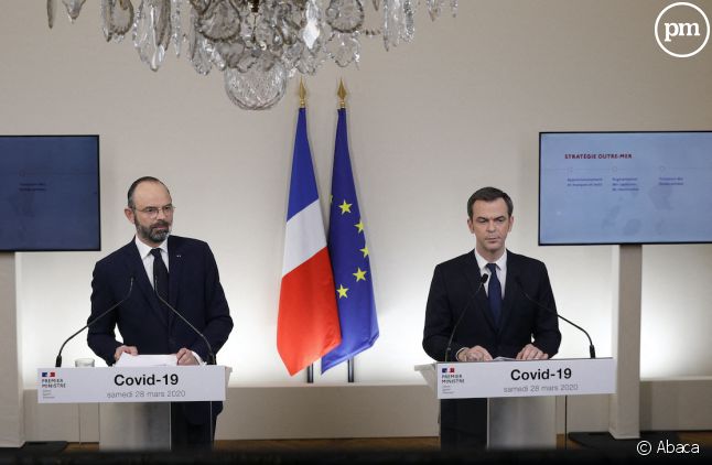 Edouard Philippe et Olivier Véran lors de la conférence de presse du 28 mars 2020.