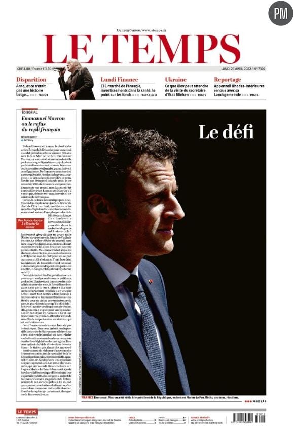 La Une du 25 avril 2022 du quotidien suisse "Le Temps".