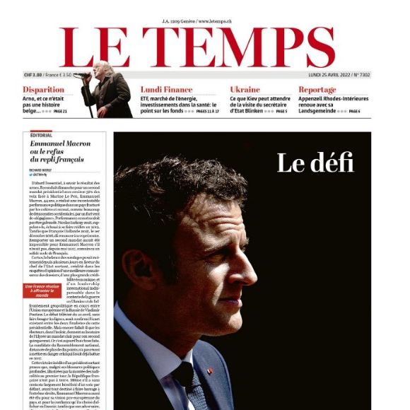 La Une du 25 avril 2022 du quotidien suisse "Le Temps".