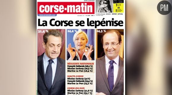 La Une de Corse Matin du 23 avril 2012.