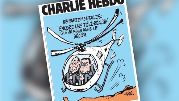 "Dropped" : Hollande et Valls dans un hélicoptère à la Une de "Charlie Hebdo"