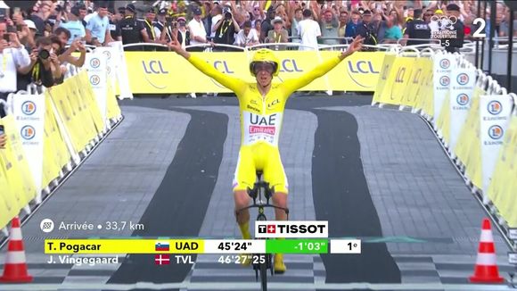 Tadej Pogacar à l'arrivée de la 21e étape à Nice, synonyme de sa victoire du Tour de France.