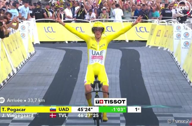 Tadej Pogacar à l'arrivée de la 21e étape à Nice, synonyme de sa victoire du Tour de France.