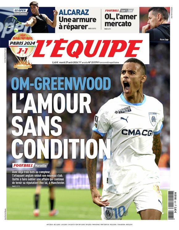 La "Une" du journal "L'Équipe" de ce mardi 27 août avec l'attaquant de l'OM Mason Greenwood.