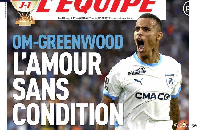 La "Une" du journal "L'Équipe" de ce mardi 27 août avec l'attaquant de l'OM Mason Greenwood.