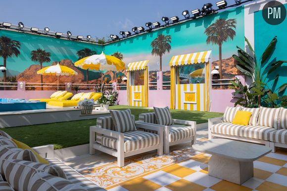 Le jardin avec une fresque représentant des palmiers et le désert