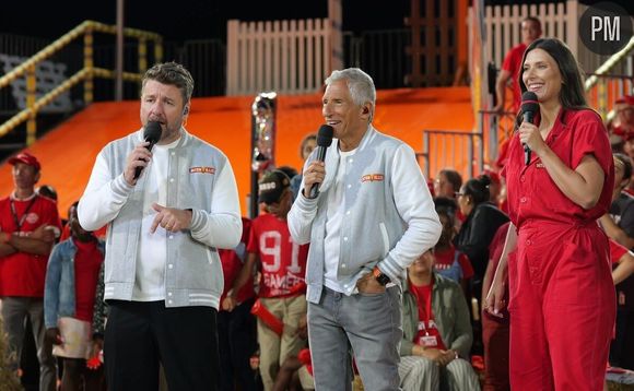 Bruno Guillon, Nagui et Camille Cerf dans le premier numéro d'"Intervilles" ce jeudi 3 juillet 2025